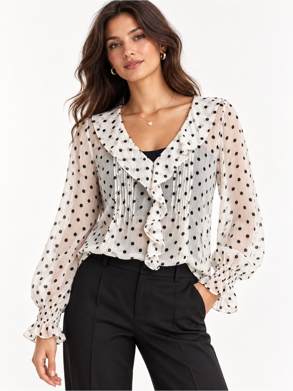 🌺 And Now This Polka Dot Ruffle-Front Blouse – Size L- NWOT